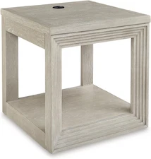 Marxhart Transitional End Table with Lower Shelf and Wireless Charging, Light Br