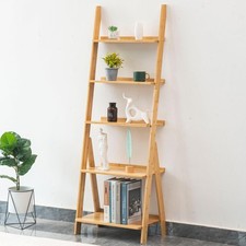 Bamboo Ladder Shelf Bookcase 5-Tier Leaning Bookshelf Free Standing Organizer