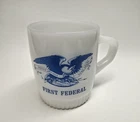 Vintage Fire King Mug First Federal Bank Milk Glass Mid Century USA  3-1/2" Tall