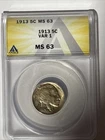1913  .05  ANACS  MS 63 VAR 1 Buffalo Nickel, Indian Nickel, 5 Cent Piece
