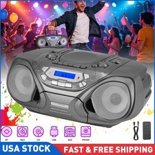 Portable Silver CD Cassette Player Bluetooth AM FM Radio USB AUX Stereo Speaker