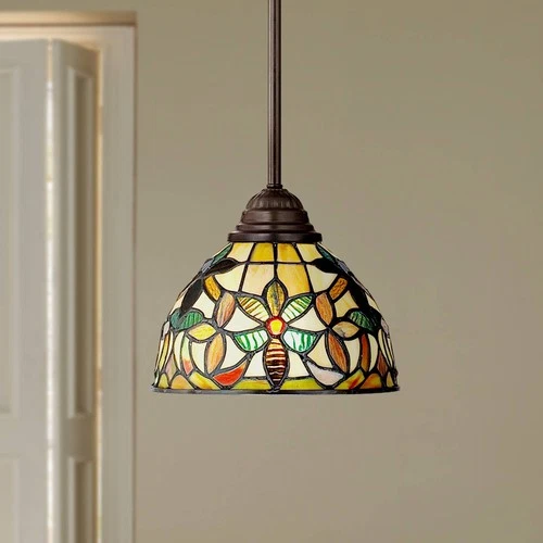 Quoizel Kami 8" Wide Tiffany-Style Floral Art Glass Mini Pendant Light - Picture 1 of 3