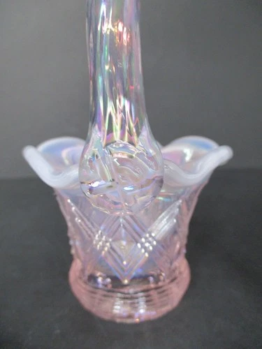 Vintage Fenton Pink Opalescent Diamond Lace Miniature Basket 4"