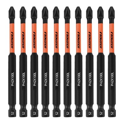 10Piece Magnetic Impact Phillips Bits #2 S2 Alloy Steel 4 Inch 1/4 Hex Shank