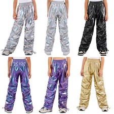 Girls Metallic Pants Jazz Straight-leg Latin Trousers Flare Holographic Retro