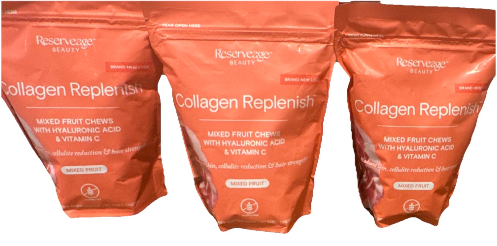3 BAGS Reserveage Beauty Collagen Peptides Hyaluronic Acid Chews Mixed Fruit