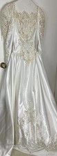 Vintage Wedding Gown White Satin Beads Lace Long Train sz 5 As Is 80  s