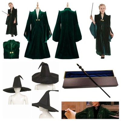 Girl Harry Potter Minerva McGonagall Cosplay Costume Robe Dress Wand Hat fullset