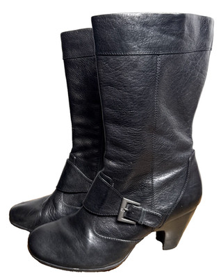 Born Crown Black Leather Boots Women's 7.5 Harness Classic Style Heel GUC W31371