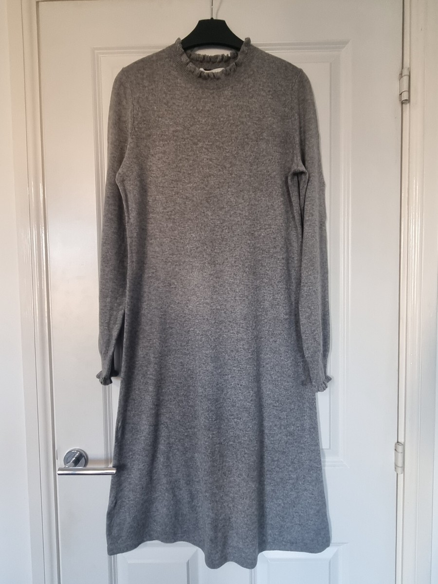 BODEN LARA MARL GREY CASHMERE WOOL MIX KNIT RUFFLE FRILL NECK MIDI
