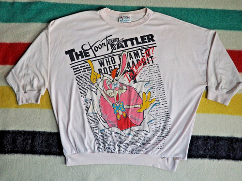 VTG 80s Disney Toon Tops Roger Rabbit Promo Newspaper AOP Art Pullover Shirt XL
