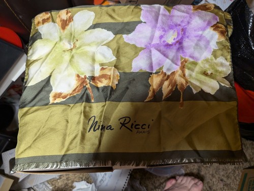 Vintage NINA RICCI PARIS Stripes And FLORAL Olive Green LONG Silk Scarf 52/15 - Picture 5 of 10