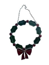 Vintage Stained Glass Sun Catcher Christmas Holly Berry Hanging Wreath With Bow