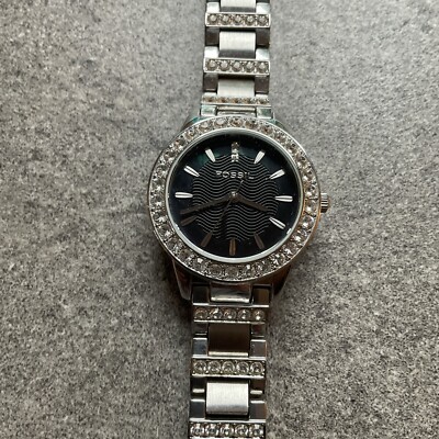 Fossil Silver Watch with Black Dial and Crystal Bezel Fossil Skeleton 1027 (Excellent Condition) • Skeletonized  main image 4
