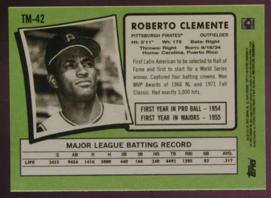 Roberto Clemente 2013 Topps Update ‘71 Topps Mini #TM42 - Image 2 of 2