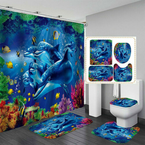 3D Ocean Dolphin Shower Curtain Bathroom Rug Bath Mat Toilet Cover Set Non Slip - Afbeelding 1 van 18