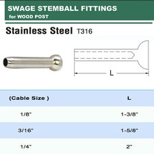 Stainless Steel Swage Stemball Fittings for WOOD POST 1/8",3/16",1/4" Cable 10PC