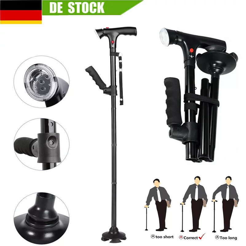 Gehstock mit LED Licht und Alarm Verstellbare Armlehne Cane Klappstock Gehhilfe