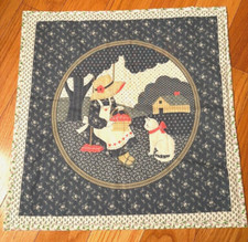Quilted table topper or wall hanging a woman and a cat,gray - blue,16. x 16.5