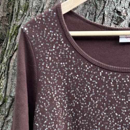 Quacker Factory Ribbed Top Size 1x Sequin Short Sleeve Shirt Brown Silver - Picture 2 of 6