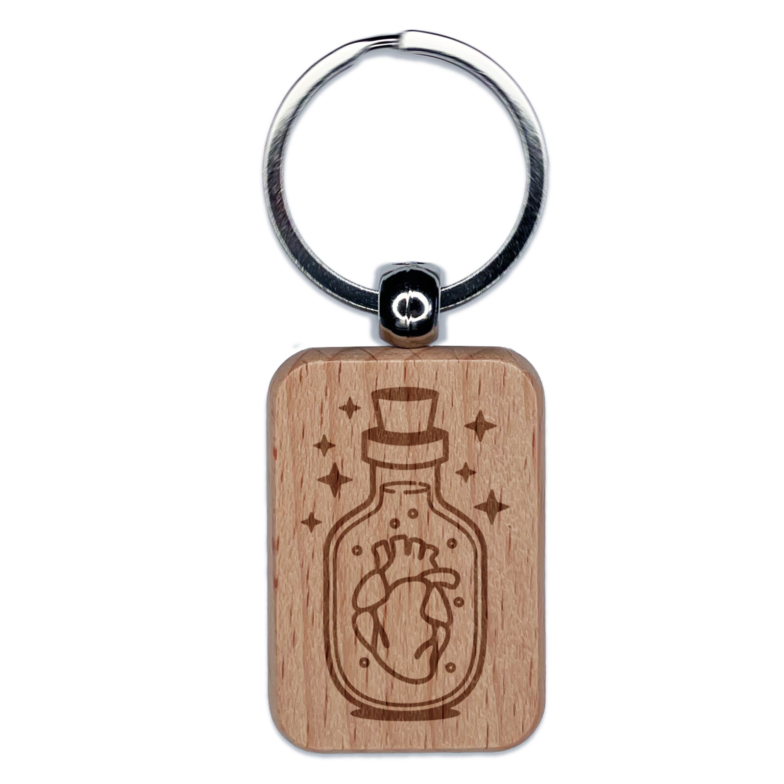 Heart in Bottle Engraved Wood Rectangle Keychain Tag Charm