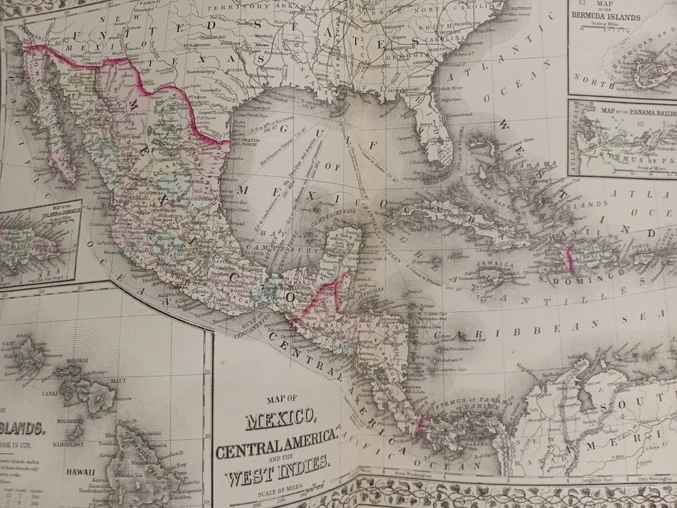 Auténtico mapa del condado de Mitchell's Atlas de 1873 de México América Central Indias Occidentales Foto 3 de 4