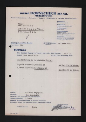 URBACH, Brief 1949, Konrad Hornschuch AG Baumwoll-Spinnerei Zwirnerei Weberei