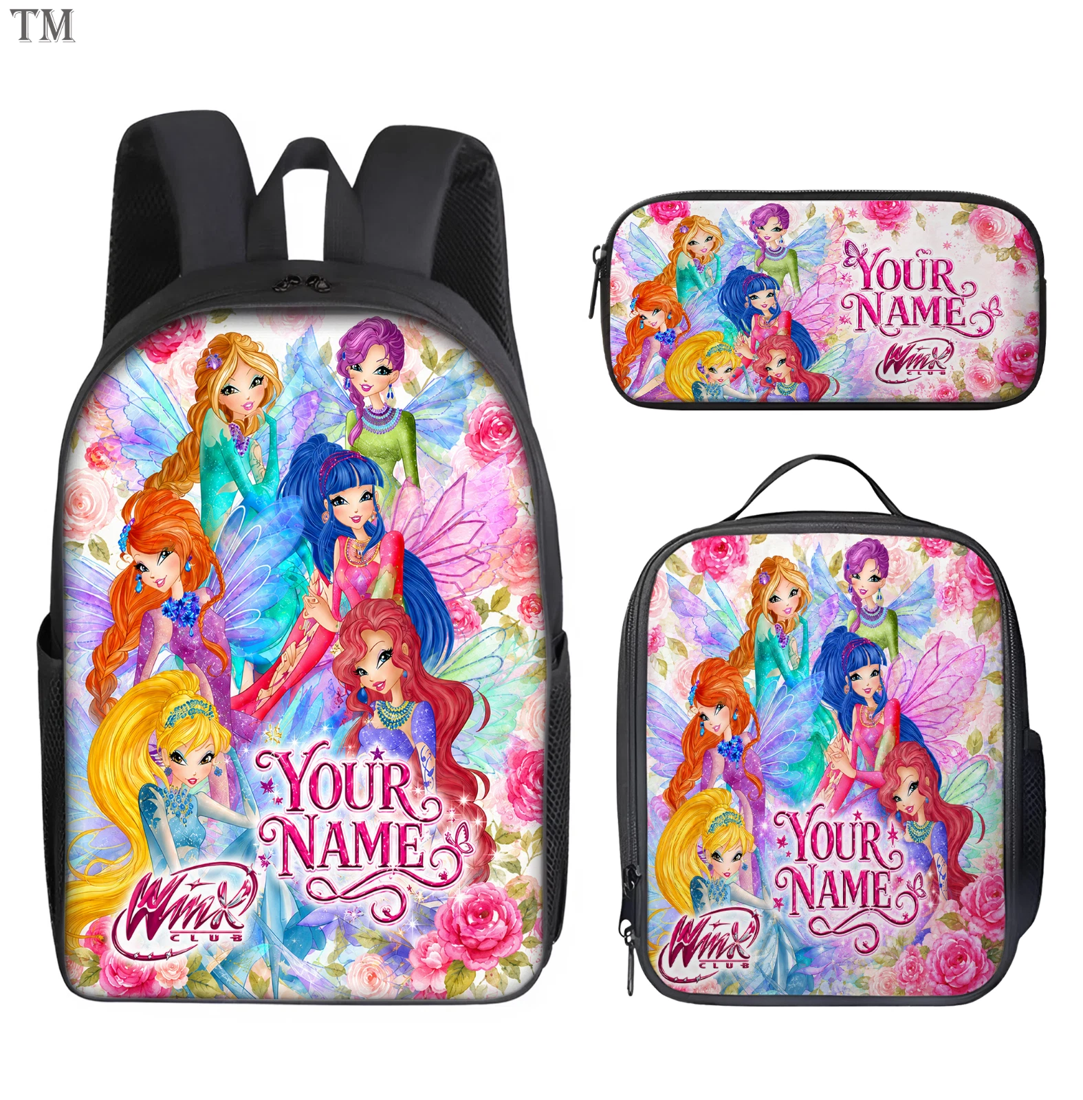Personalized Pink Rose Floral Fairy Girl Backpack Set Lunch Box Pencil Case
