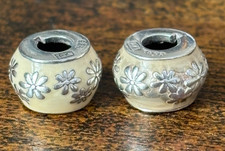 Pair of Sterling Silver TRUTH Cream & Silver Flowers Enamel Charms / Beads