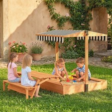 Qaba Wooden Kids Sandbox with Canopy, Foldable Picnic Table, Bench Seats