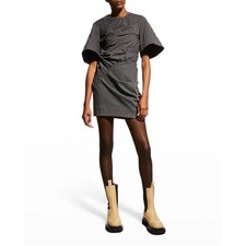 Ganni Pinstripe Ruched Mini Dress Charcoal Grey Wide Sleeve Size 38/6 NEW