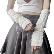 POHADON Women Cute Knitted Arm Warmers Lace Up Bow One Size White-pink Bow