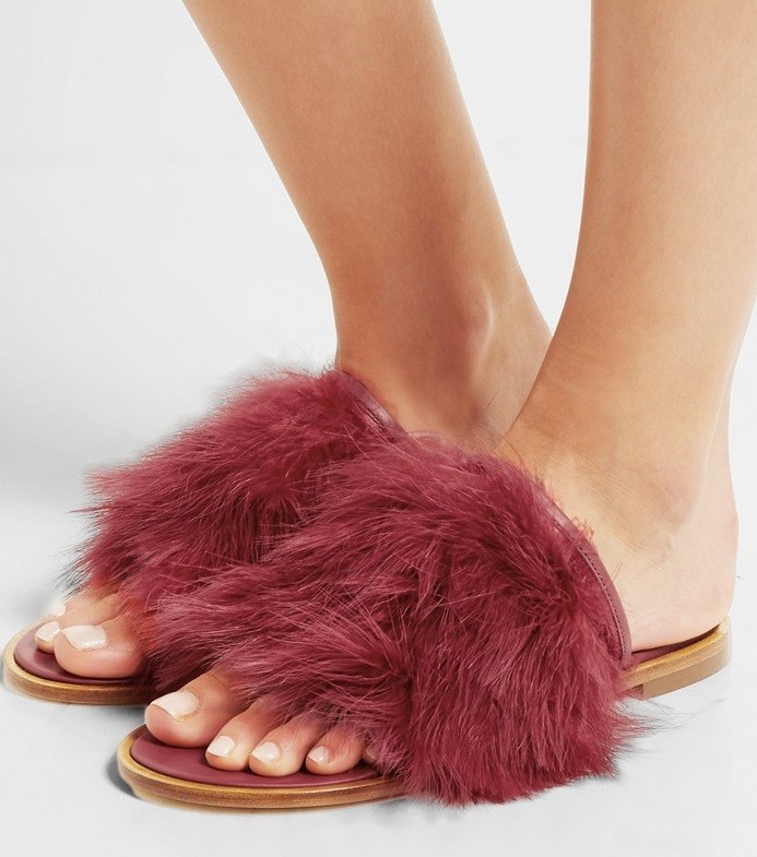 Tibi $396 Jack Turkey Feather Embellished Slides in Plum