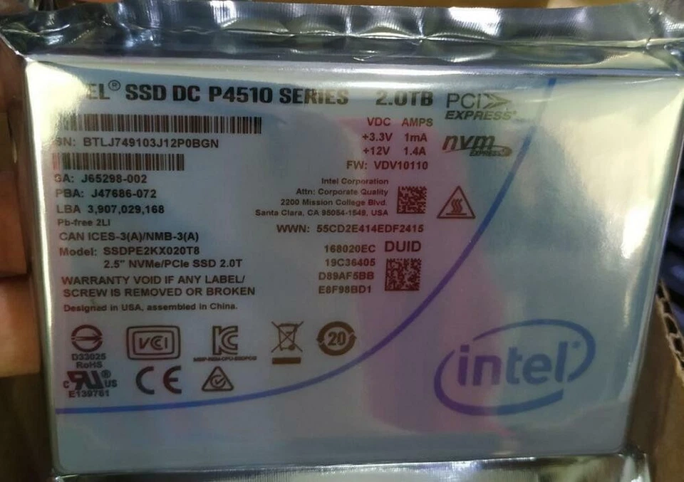 2TB Intel SSD P4510 Series DC NVME U.2 2.5" SSDPE2KX020T8 Solid State Drive - Image 2 of 3