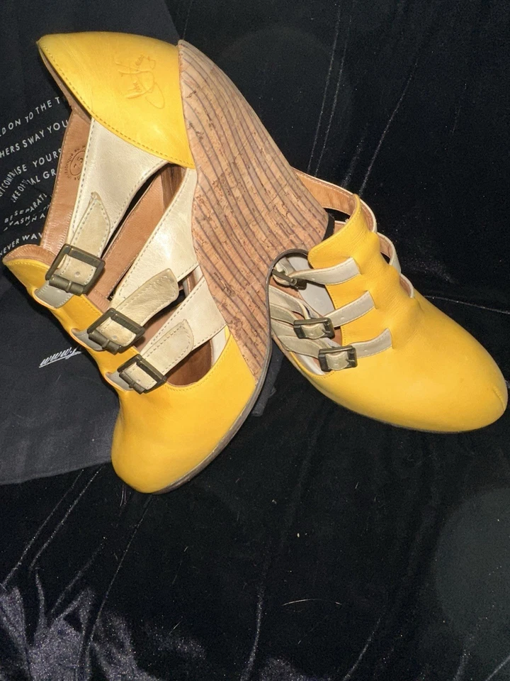 Zapatos de Tacón Alto Farrah John Fluevog Vintage Cuero Amarillo y Corcho Foto 3 de 4