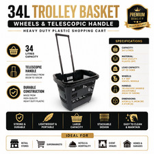 34L Black Trolley Basket w/ Wheels & Handle – Heavy Duty Plastic Shopping Cart