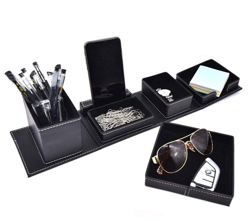6 Piece Office Supplies/Desk Organizer Set With Desktop Leather Writing Pad,File Paper Tray,Magazine Folder Holder, Pen Cup,Sticky Note Holder,Letter Mail Sorter,Workspace Decor For Women Men Brown