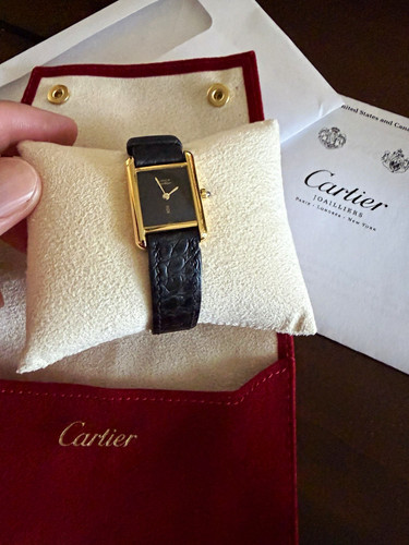 Cartier Must de Cartier Tank Quartz Black Dial Gold Plated Leather Box Papers