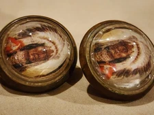 Vintage Bridle Rosette's Chief Native American 1-3/4  Brass  & Glass Pair