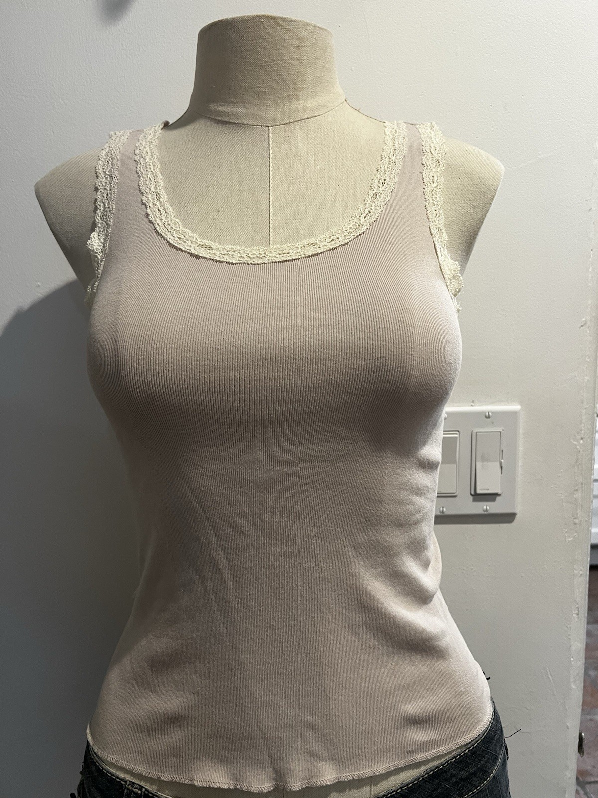 Brandy Melville Beige Tank  Top w/ lace trim, One Size, 100% Cotton