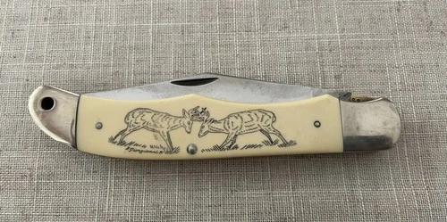 Schrade USA SC500 Dear Scrimshaw Knife Single Blade Liner Lock Knife With Sheath