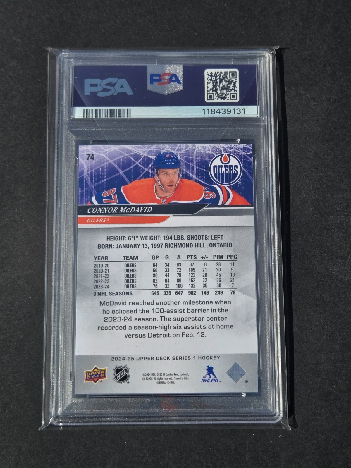 2024 Upper Deck UD #74 Connor McDavid PSA 10 GEM MT view 2
