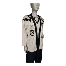 Vintage 80s Beige Black Embroidered Crinkle Pant Jumpsuit and Jacket Set Rafael