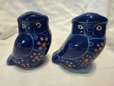 hand-painted blue ceramic owl figurines in the Tonala style from Mexico