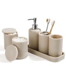 6PC Modern Beige Bathroom Set Toothbrush Holder Soap Dispenser Tray Tumbler Jar