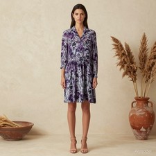 Boho Peasant Knee Length Dress Multi Floral Viscose Collared Long Sleeve M
