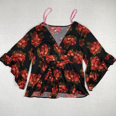 Betsey Johnson Shirt Womens XL Bell Sleeve Floral Roses Whimsigoth Faux Wrap Top