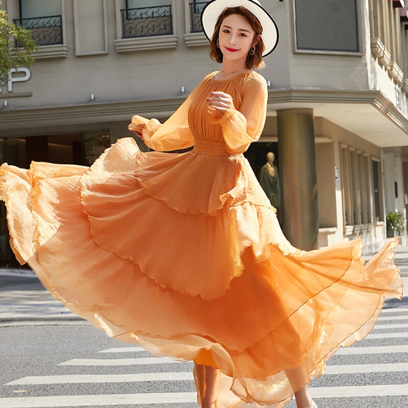 Lady Swing Dress Chiffon Tiered Layered Long Sleeve Princess Prom Gown Maxi  Cute