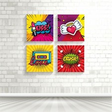 4 Quadri Moderni POP-ART BACIO KISS LOVE  Stampa tela Canvas PERSONALIZZATO T100