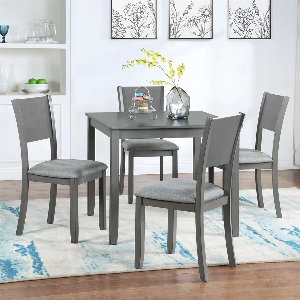 5 Piece Dining Set Kitchen Breakfast Furniture with 4 Upholstered Chairs Gray - Image 2 of 4